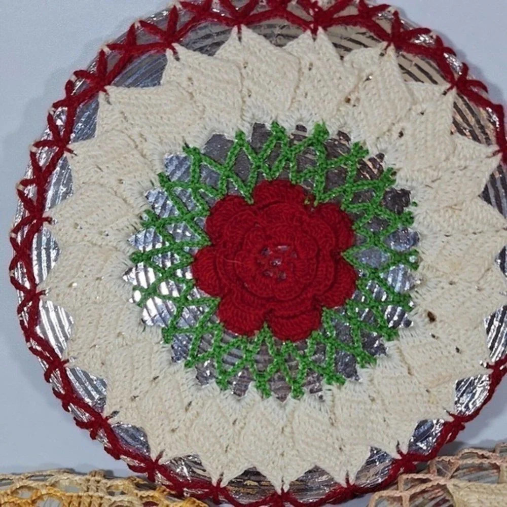 ThreeVTG 1950’s Cardboard-backed Silver Foil Trivets w/Matching Crocheted Covers